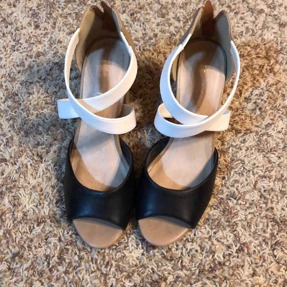 Nude, black, and white heels